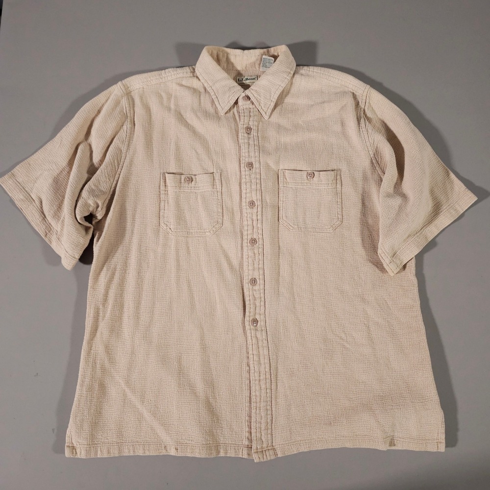 L.L. Bean Button Down Shirt Mens XL Beige Textured Cotton Short Sleeve Pockets
